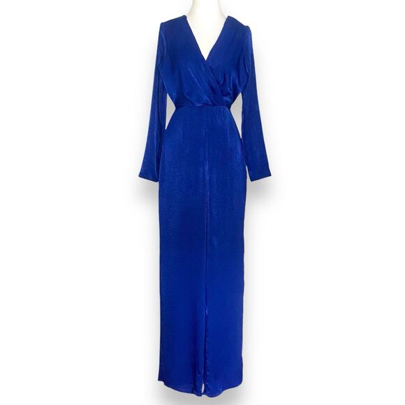 ASOS Jumpsuit Women's Size 4 Royal Blue Wrap Top Wide Leg Long Sleeve - Picture 1 of 8